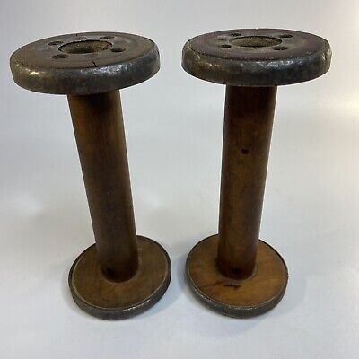 Pair Antique Vtg Wood Textile Spool Spindle Candlestick Holder Metal Edge 9 In • 19$