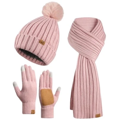Winter Beanie Fleece Lined Pom Pom Hat Long Scarf Touchscreen Gloves for Women - Image 1 of 4