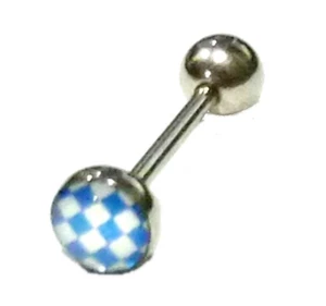 Tongue Ring Logo Check Blue 14 Gauge 5/8" Steel Barbell - Picture 1 of 3