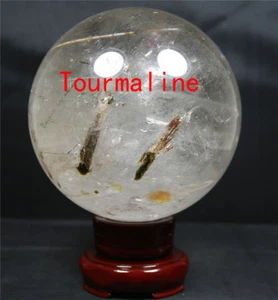108mm 4.08LB NATURAL WHITE CLEAR QUARTZ CRYSTAL WITH TOURMALINE SPHERE BALL - Picture 1 of 12