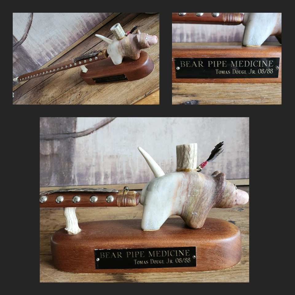 RARO Nativo Americano TOMAS DOUGH JR. Escultura firmada 08/88 'Bear Pipe Medicine' Foto 1 de 4