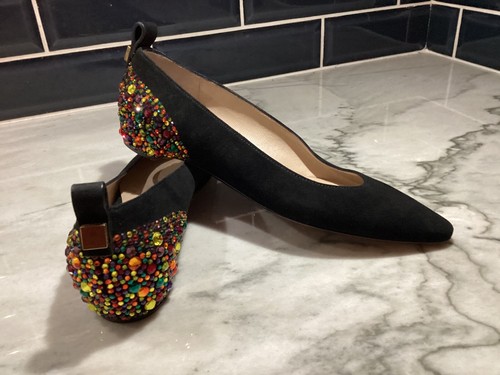 Stuart Weitzman ballerine nere scamosciate punta Jetson con decorazioni in cristallo
