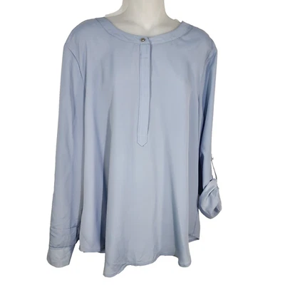 Ann Taylor Blouse Womans Size XL Blue Long Roll Tab Sleeve Popover Hidden Button - Image 1 of 4