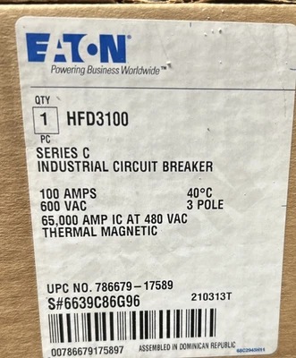 Eaton Cutler Hammer HFD3100 100A 600V Circuit Breaker - Image 1 of 3