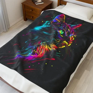 Neon- Vibrant Cat Velveteen Plush Blanket - Picture 1 of 10