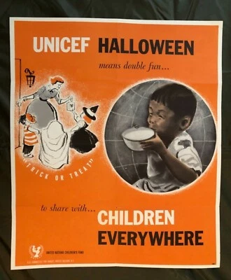 Póster Original Unicef Halloween Fondo de las Naciones Unidas para la Infancia Derechos Humanos Alimentación Truco Trato Foto 1 de 4