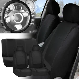 Car Seat Covers Black Black Full Set for Auto w/Gray Leather Steering Cover - Picture 1 of 6