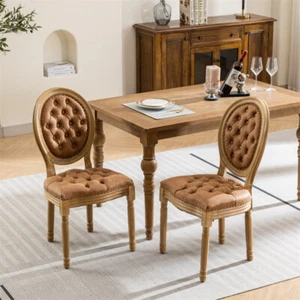 Set of 2 French Style Solid Wood PU Leather Upholstered Dining Chairs - Orange - Picture 1 of 16