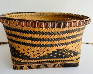 Lg Vtg Boheimain Pattern Wicker Basket/Planter Woven Aztec Boho Decor - Picture 1 of 7