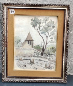 DIPINTO ACQUERELLO PAESAGGIO CHIESA PIERRE ANDRE' 1953 QUADRO CORNICE IN LEGNO - Bild 1 von 7