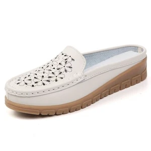 Women Hollow-Out Wedge Heel Mule Slippers Leather Casual Loafers Comfy Shoes - Picture 1 of 25
