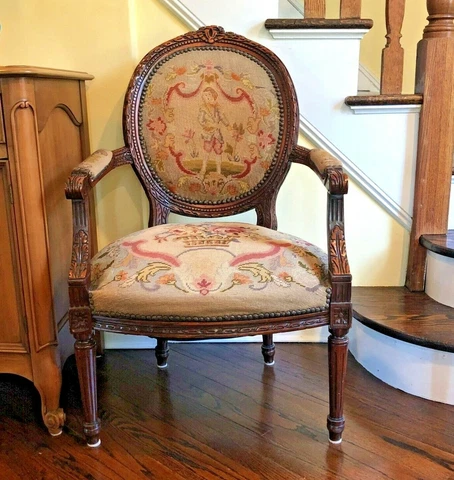 Vintage Heavy Walnut Carved French Luis XII Micro Needle Point Arm Chair Cover