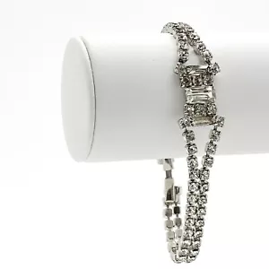Bracciale Vintage Art Decò Strass Tono Argento Set Puntale Legato - Foto 1 di 9