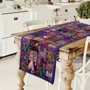 Indian Cotton Patchwork Table Runner Embroidered Dining Purple Table Tapestry - Picture 1 of 4
