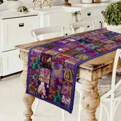 Indian Cotton Patchwork Table Runner Embroidered Dining Purple Table Tapestry - Image 1 of 4