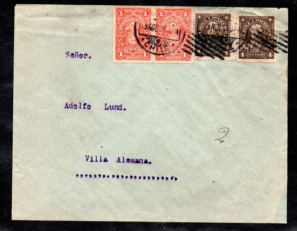 CHILE, SOBRE CIRCULADO CON SELLOS DE IMPUESTO A VILLA ALEMANA    #SEPT-127 - Image 1 of 2