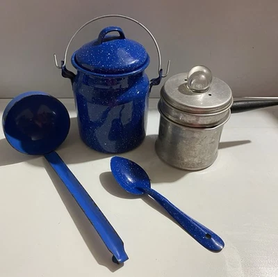 Vintage Camp Blue Enamelware And Aluminum Cookware Pot Ladle Spoon Coffee Pot - Image 1 of 4