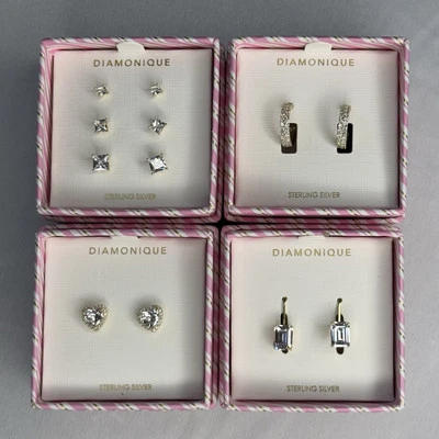 Diamonique Juego de 4 Pendientes Regalos Plata de Ley Tono Oro  Foto 1 de 4