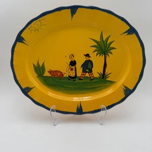 The Haldon Group Soleil Oval Platter Pig Farmer Sun 15" x 12" Yellow Blue VTG - Picture 1 of 7