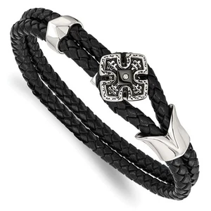 Stainless Steel Polished Black IP w/CZ Braided Black Leather 8in Bracelet - Picture 1 of 5