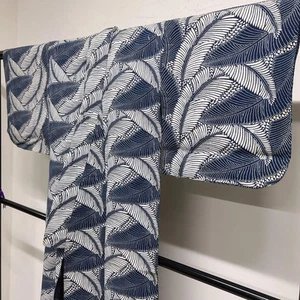 Japanese Indigo Cotton Yukata Kimono Banana Leaf Motif Aizome 135cm Rare - Picture 1 of 10