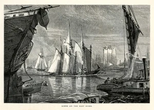 Ships on The East River, New York, Historic America 1872 Antique Engraving - Picture 1 of 4