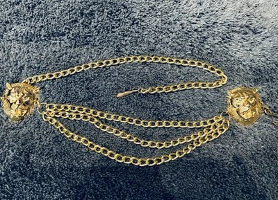 "Cinturón de cintura de eslabones de cadena tono dorado 38"" de largo ajustable con 2 cabezas de león decorativas" Foto 1 de 4