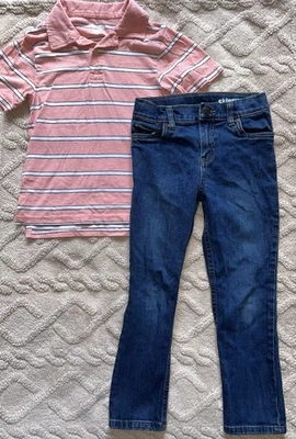 Boys Outfit Bundle - Striped Button Up Collared Dress Shirt & Jeans, Size 5/6 - Image 1 of 4