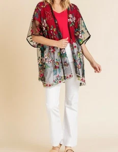 Kimono de Encaje Floral Bordado de Umgee, Negro Transparente, Blanco o Como Nuevo, Nuevo - Imagen 1 de 14