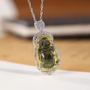 Real S925 Sterling Silver Natural Blue Amber Lucky Laughing Buddha Pendant - Picture 1 of 7