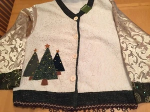 Kirkland Damen bestickt Pailletten hässlich Weihnachtsbaum Knopf Pullover Jacke L9 - Bild 1 von 11