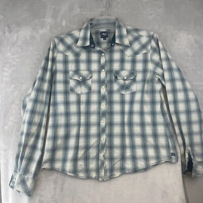 Silver Gulch Brewing Cruel Girl Shirt Women's XL Blue/Cream Plaid Pearl Snap L/S - Image 1 of 4