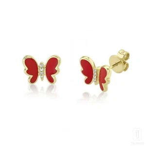 14K Gold 0.05 CT VS/F-G Diamond Red Enameled Butterfly Studs Earrings Jewelry - Picture 1 of 6