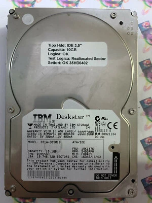 Hard Disk Usato IDE 3,5" 10GB IBM DTLA-305010 07N5563 19K1476 F80425 31OCT2000 - Immagine 1 di 4