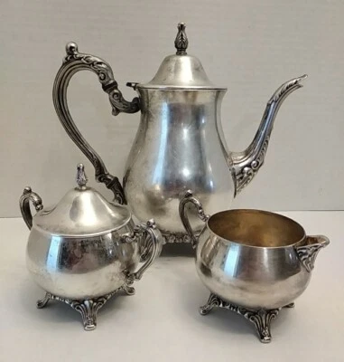 复古 Oneida 咖啡/茶壶套装 奶油和糖 美国 复古 美国 洛可可  — 第 1/4 张图片