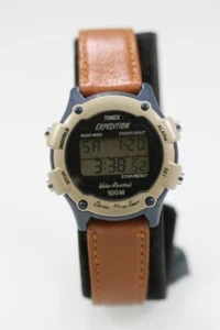 Timex Women Watch Blue Plastic WR Brown Leather Date Light Chron Alarm Quartz - Picture 1 of 6
