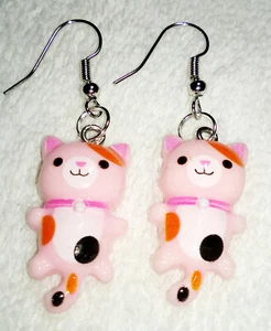 Resin Calico Cat Earrings Pink W/Spots Hypoallergenic 1.75" Long Silvertone Hook - Picture 1 of 4