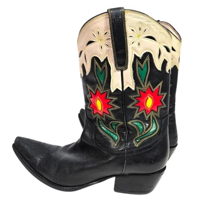Vintage Guess Cowboy Boots 8 Floral Inlay Black Leather Applique Western Cowgirl - Image 1 of 4
