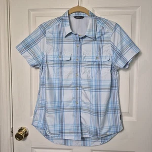 Eddie Bauer Womens Small Short Sleeve Button Up Blue Plaid Outdoors - Picture 1 of 5