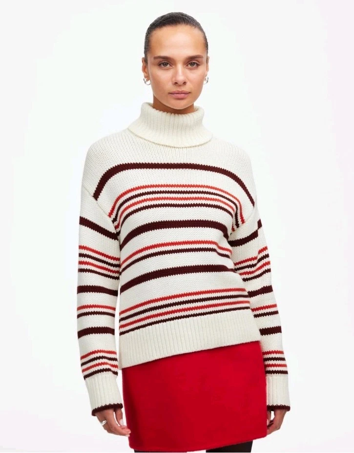 Madewell Size Medium Ribbed Cotton Turtleneck Sweater Cabernet Stripe NT604