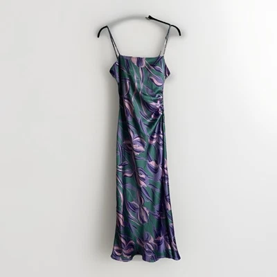 Vestido sin Mangas House of Harlow Largo Satinado Acanalado Floral Púrpura Verde Iris Pequeño Foto 1 de 4