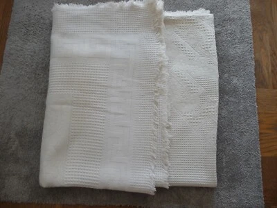 Linge ancien Dessus de lit en piqué de coton blanc avec franges ( ref 6 ) - Photo 1/4