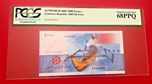 2005 1000 FRANCS COMOROS REPUBLIC 2005-06 ISSUE PCGS CURRENCY SUPERB GEM 68PPQ - Picture 1 of 2