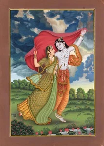 Krishna Radha Love Painting Handmade Hindu Religion Watercolor Wall Decor Art - Picture 1 of 3