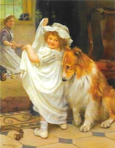 Postal vintage de Arthur Elsley REIMPRESIÓN Pixiluv Before The Bath Girl and Collie - Imagen 1 de 2