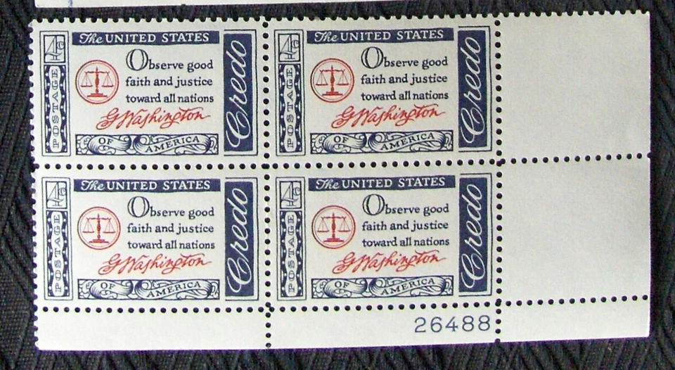 US 4¢ Stamp SC #1139 American Credo George Washington MNH 1960 plate block. - Image 1 of 1