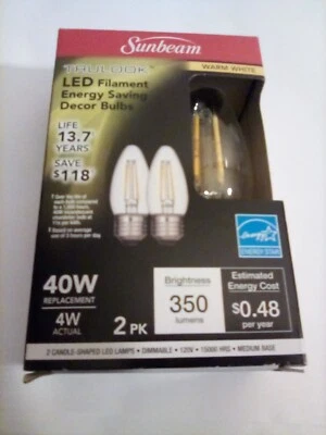 Lâmpadas decorativas de filamento LED Sunbeam 40W base média branco quente 2 peças GRÁTIS S&H - Imagem 1 de 4