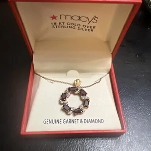 Beautiful 18K Yellow Gold Over Sterling Garnet & Diamond Circle Pendant Necklace - Picture 1 of 7