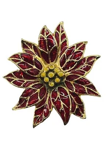 Spilla Poinsettia Natalizia Vintage Vacanze Inverno Smalto Rosso Tono Oro - Foto 1 di 3