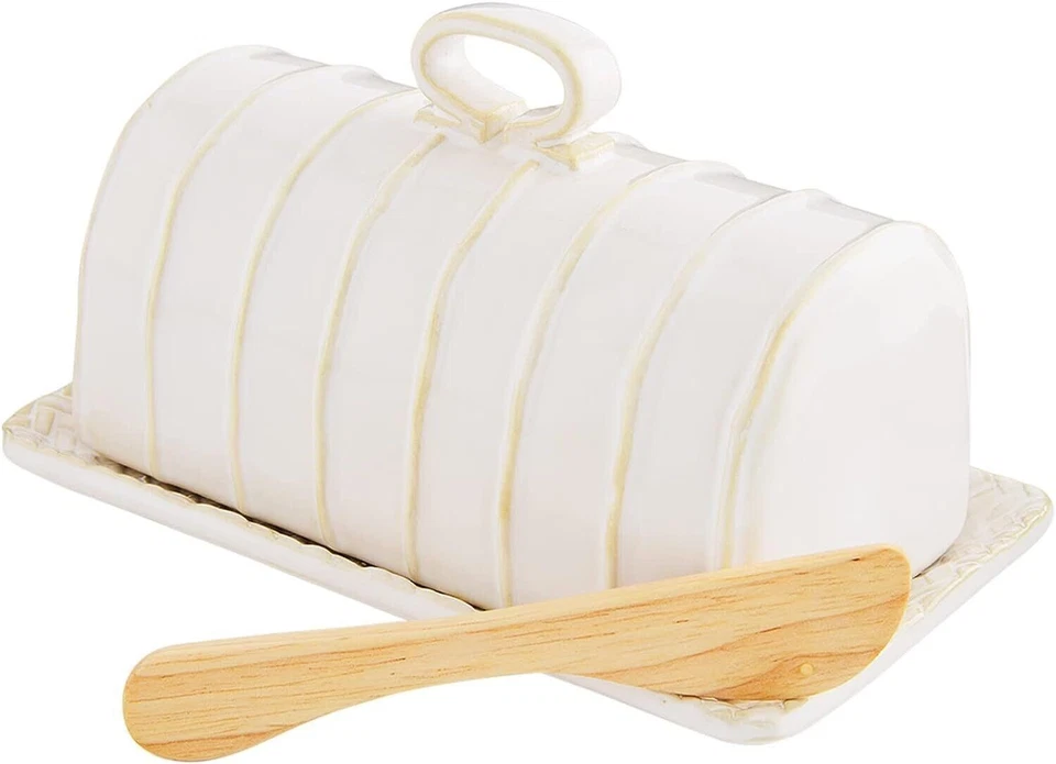 Mud Pie Textured Butter Dish Lid and Spreader White Stoneware Kitchen Dining - Image 1 of 1